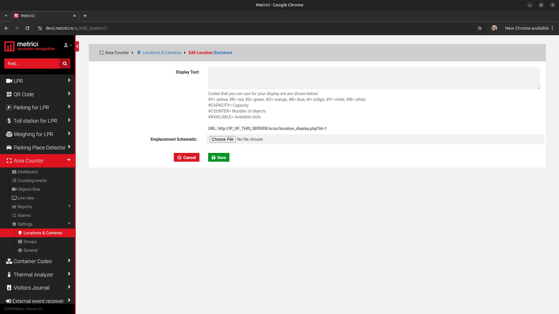 Area Counter web app settings