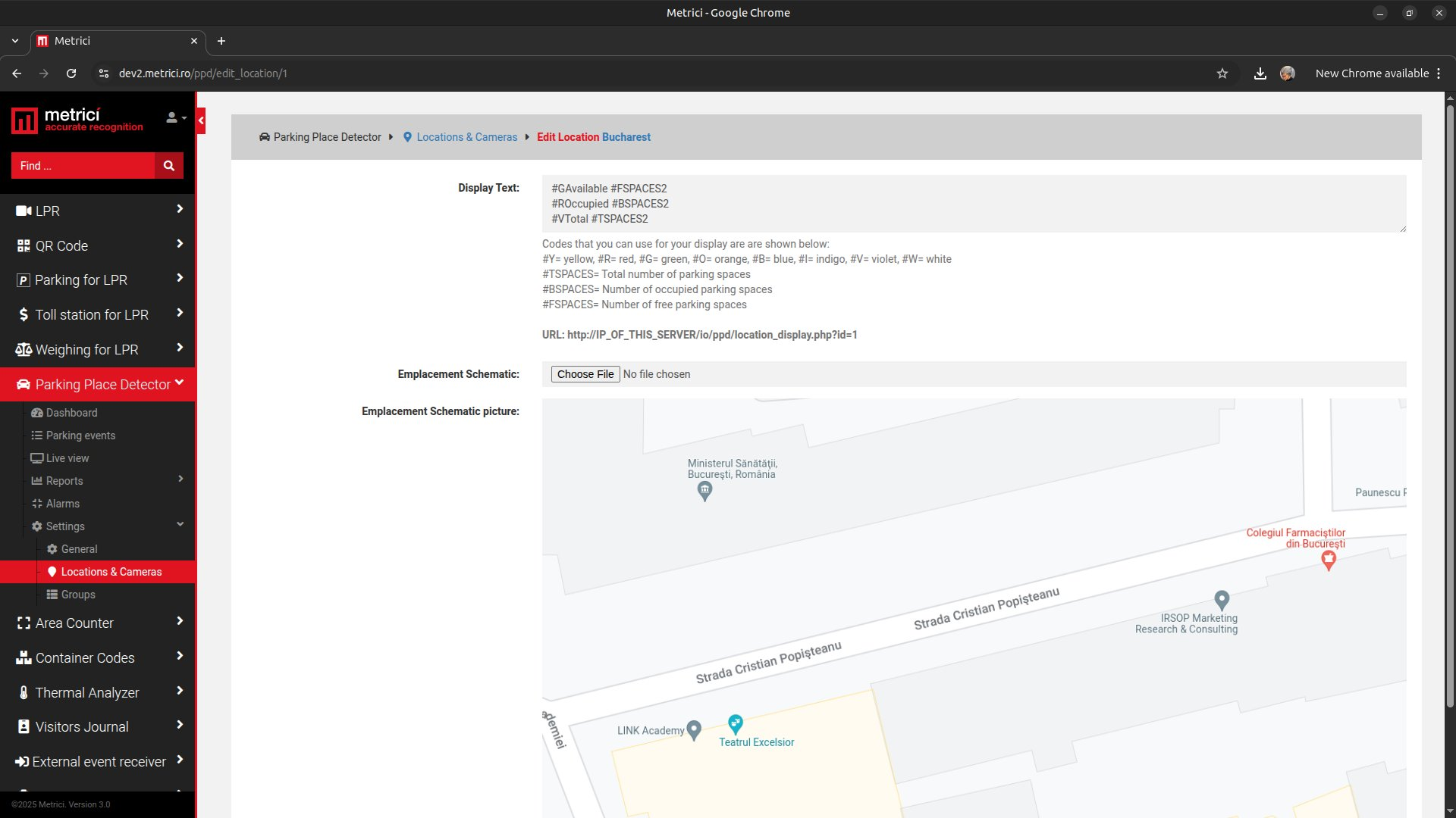 Parking Place Detector web app settings