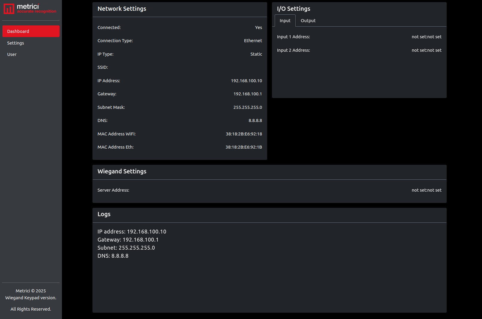Dashboard afișând fila Input cu setări de rețea, setări I/O, setări Wiegand și jurnale