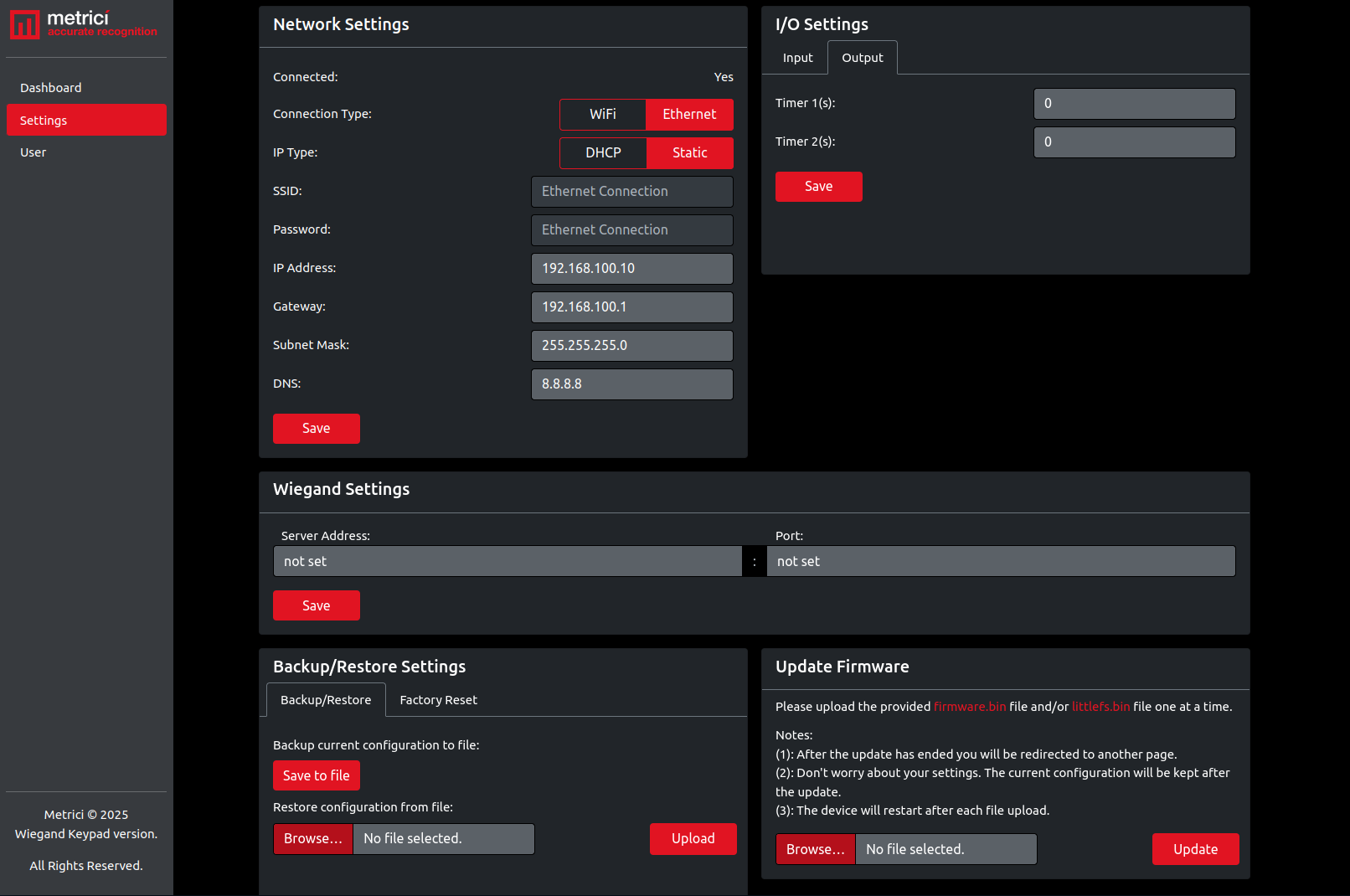 Pagina Settings afișând fila Output cu valori temporizator și controale pentru relee