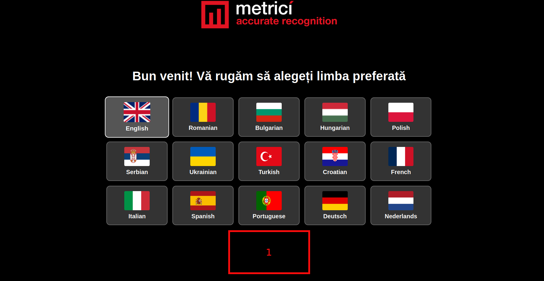 Ecranul de selectare a limbii cu 15 opțiuni de limbă și steaguri naționale