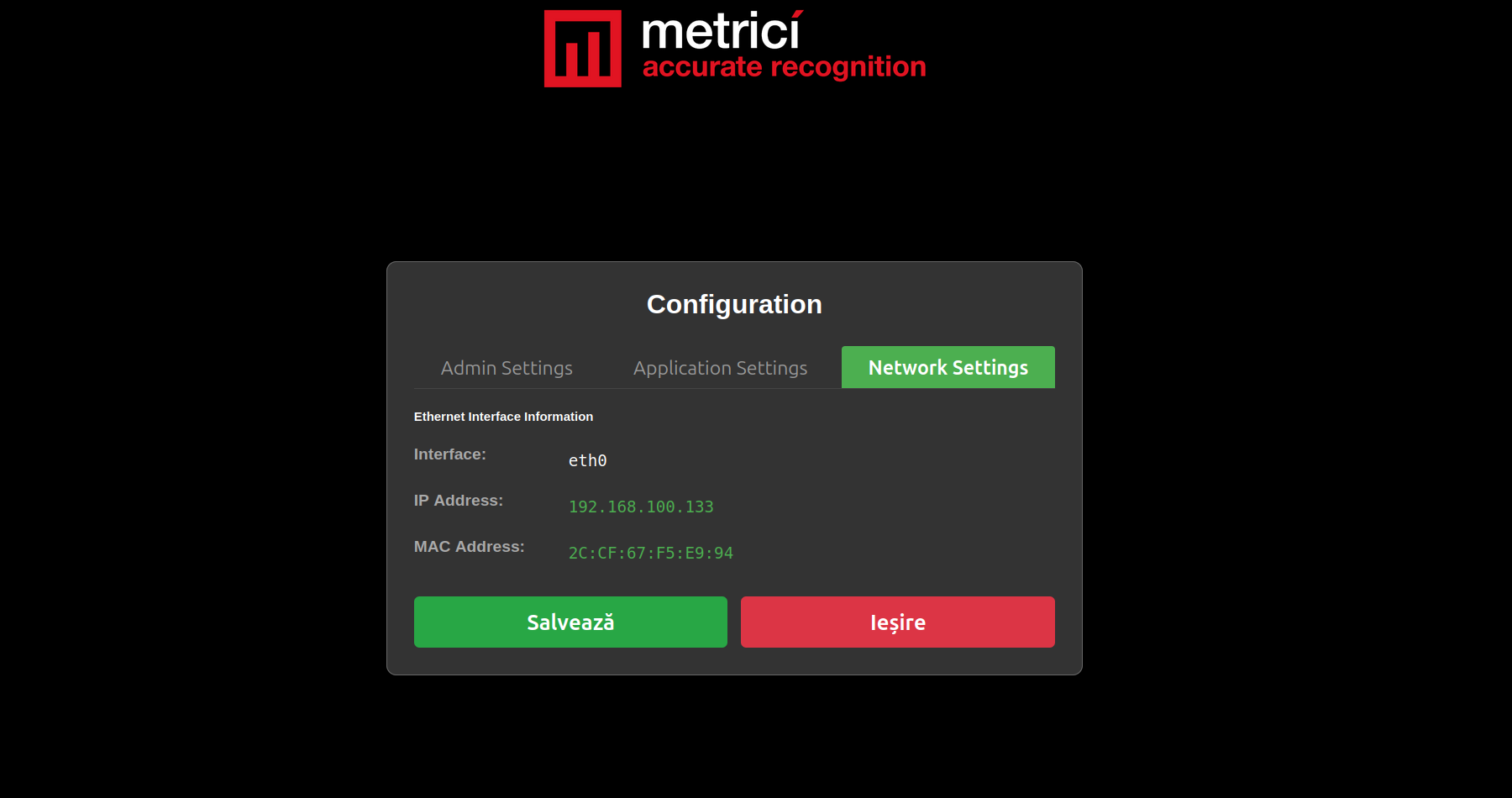Pagina de configurare cu tab-ul Network Settings cu Interface (eth0), IP Address și MAC Address