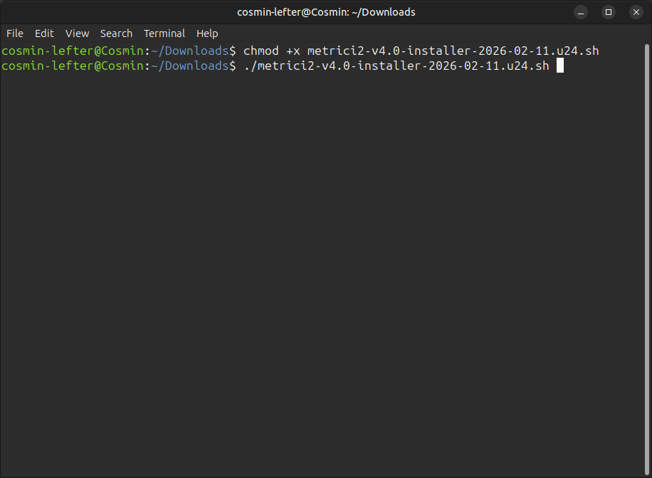 Terminal cu comanda ./metrici2-v4.0-installer pregătită pentru execuție