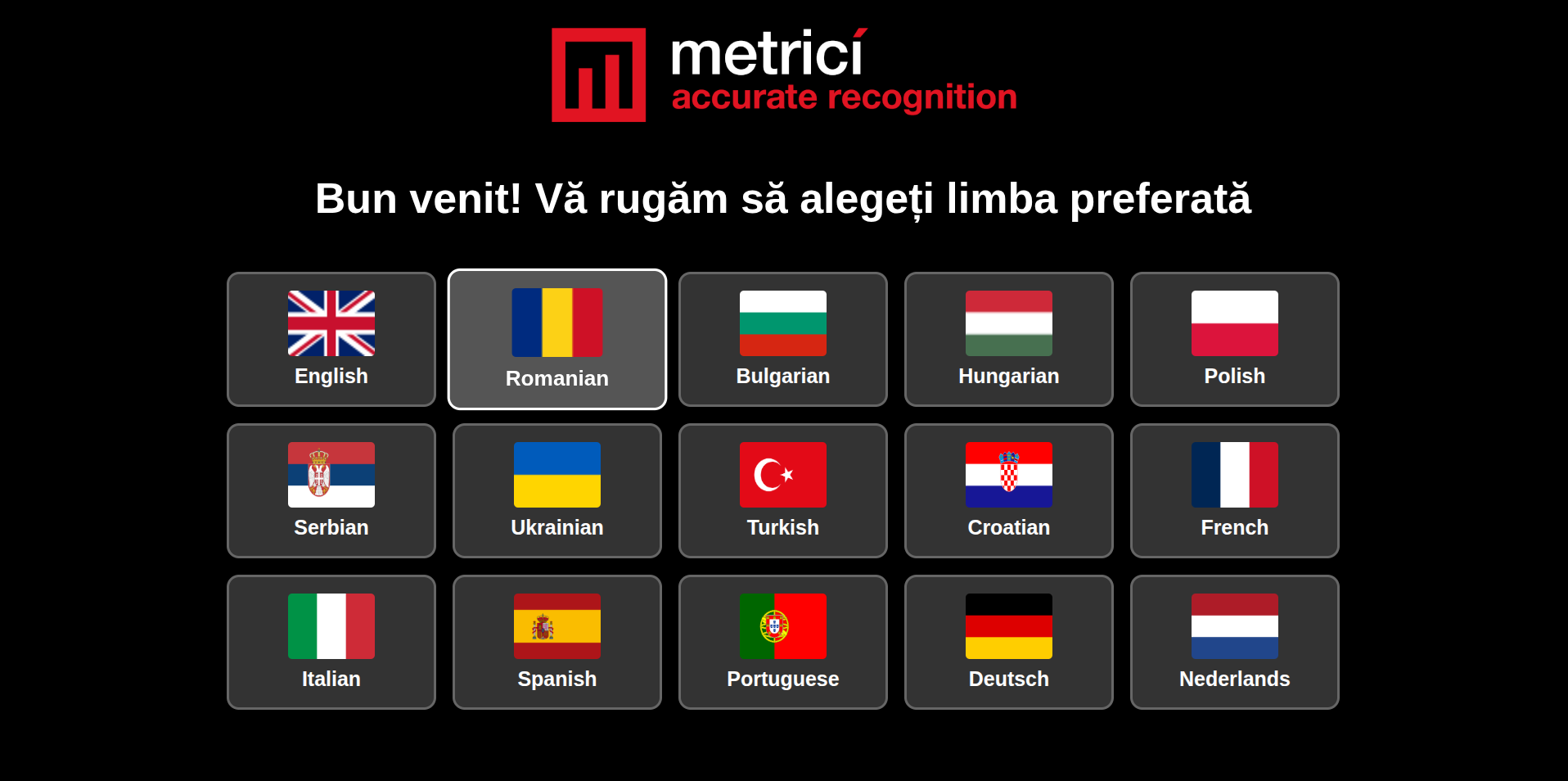 Ecran de selectare a limbii cu 15 opțiuni de limbă și steaguri