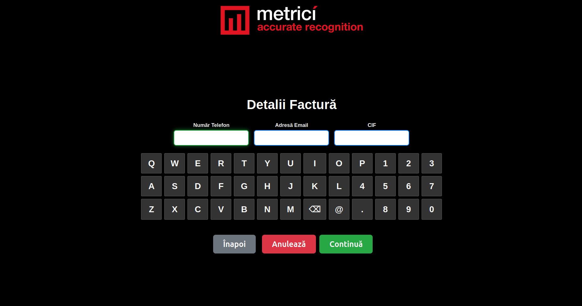 Ecran detalii factură cu câmpurile Număr Telefon, Adresă Email și CIF/CUI și tastatură pe ecran