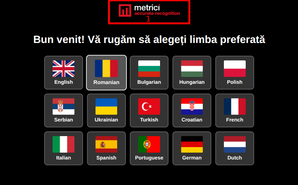 Ecran de bun venit cu 15 dale de limbi aranjate în grilă: English, Romanian, Bulgarian, Hungarian, Polish, Serbian, Ukrainian, Turkish, Croatian, French, Italian, Spanish, Portuguese, German, Dutch.