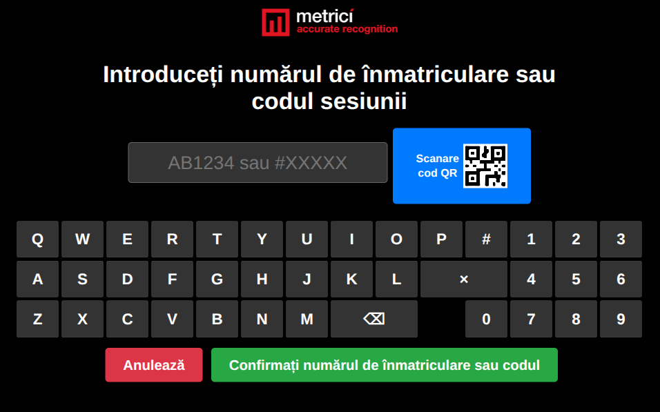 Ecran de introducere a numărului de înmatriculare cu câmp de intrare (placeholder AB1234 sau #XXXXX), un buton albastru Scanare cod QR în dreapta și o tastatură QWERTY completă cu taste numerice.