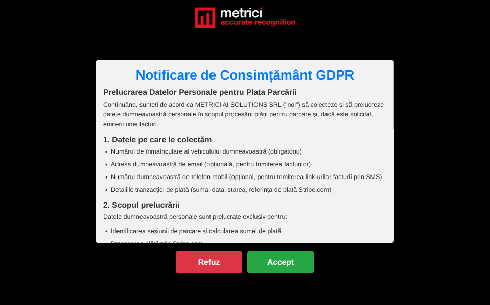 Fereastra Notificare de Consimțământ GDPR care listează categoriile de date personale colectate (număr înmatriculare, email, telefon, detalii de plată) și scopurile prelucrării, cu butoanele Refuz și Accept.