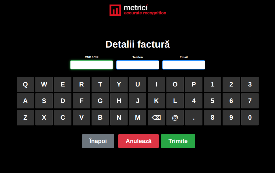 Formular Detalii factură cu trei câmpuri (CNP / CIF, Telefon, Email) deasupra unei tastaturi QWERTY pe ecran, care include și caracterele @ și . folosite pentru introducerea adreselor de email.