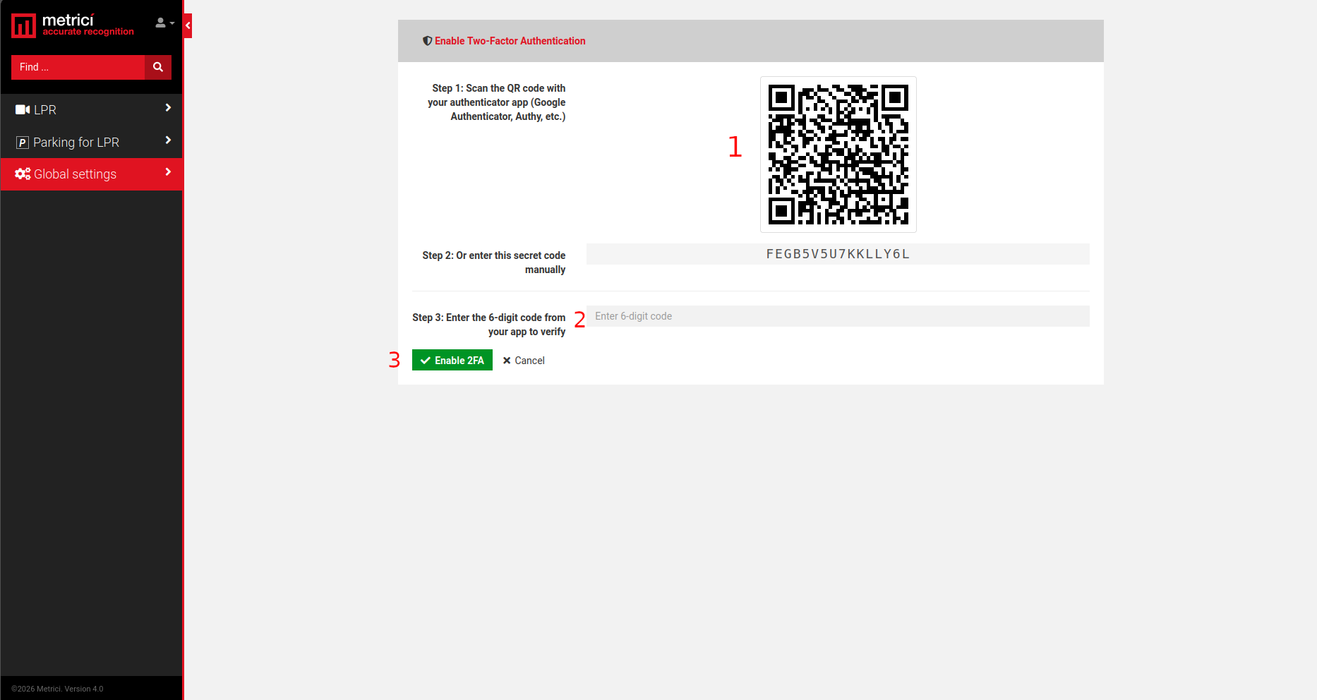 Ecranul Enable Two-Factor Authentication cu codul QR, câmpul pentru codul de 6 cifre și butonul Enable 2FA