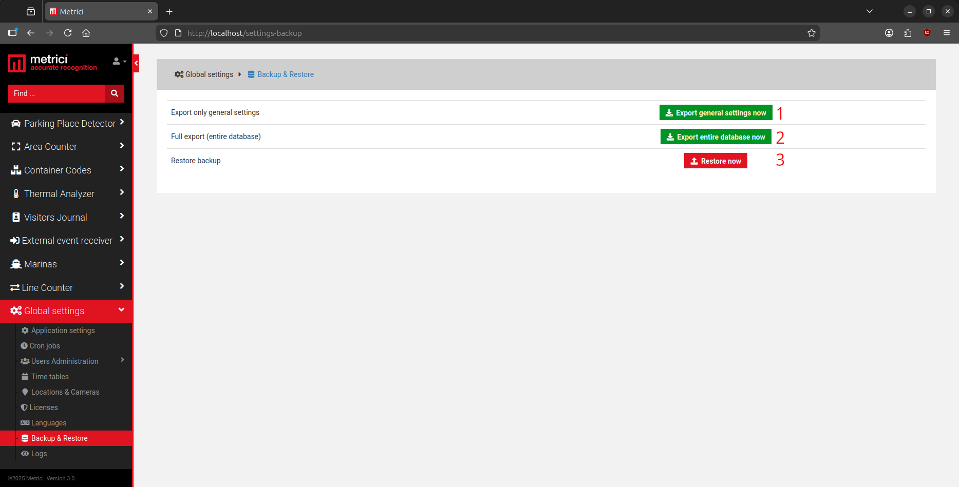 Pagina Backup and Restore cu opțiunile Export general settings, Full export și Restore backup