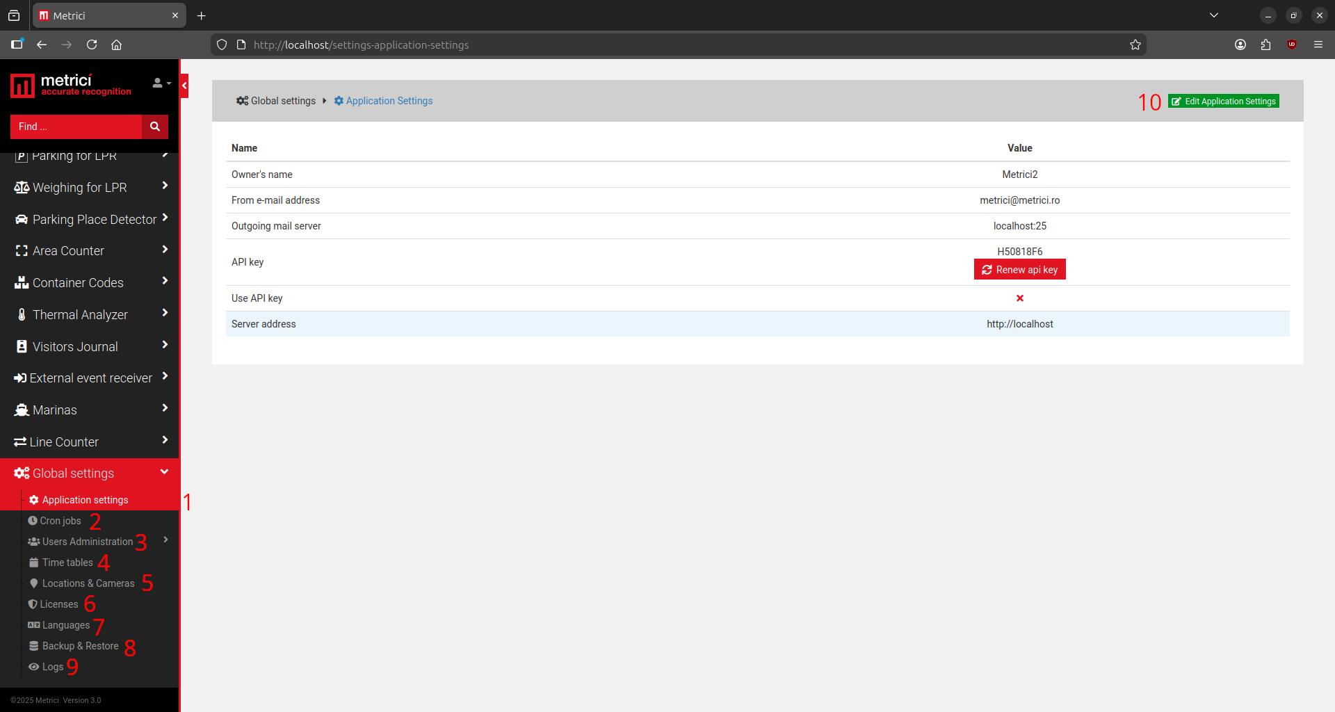 Pagina Global Settings cu submeniurile: Application settings, Cron jobs, Users Administration, Time tables, Locations and Cameras, Licenses, Languages, Backup and Restore, Logs