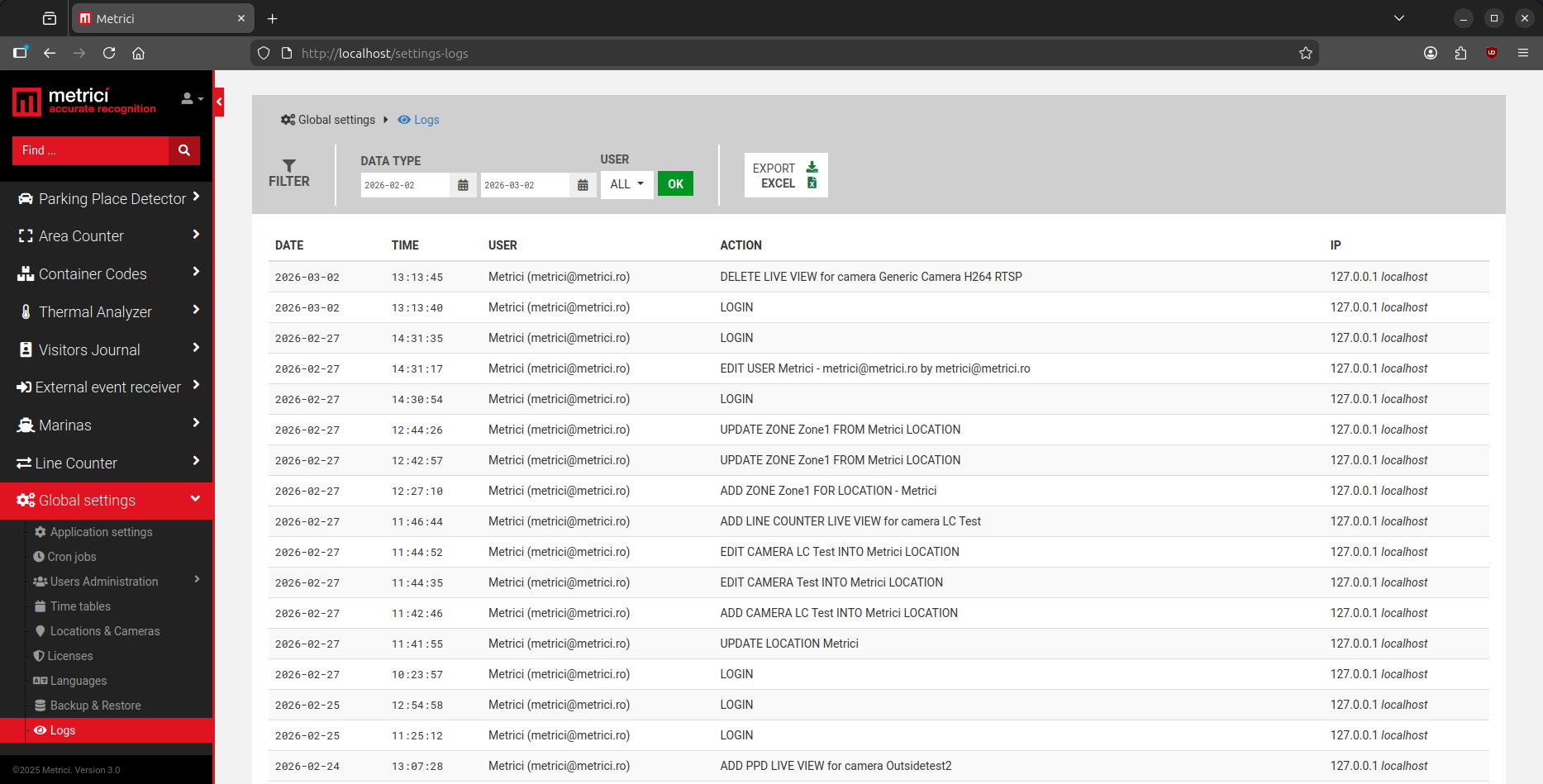 Pagina Logs cu filtrare după dată și utilizator, tabel cu DATE, TIME, USER, ACTION, IP și buton Export Excel
