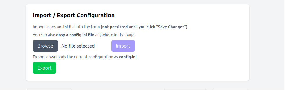 Captură de ecran Import Export configurație