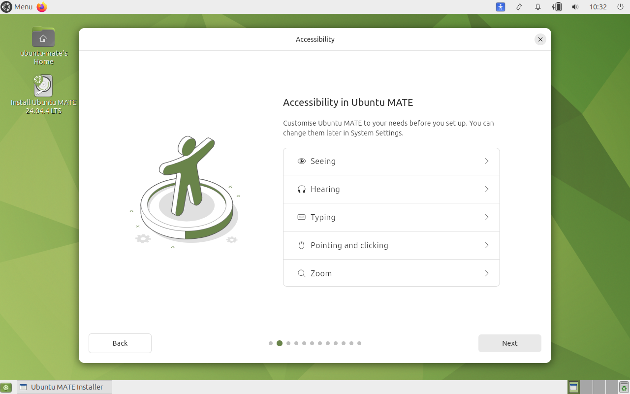 Accessibility options: Seeing, Hearing, Typing, Pointing and clicking, Zoom