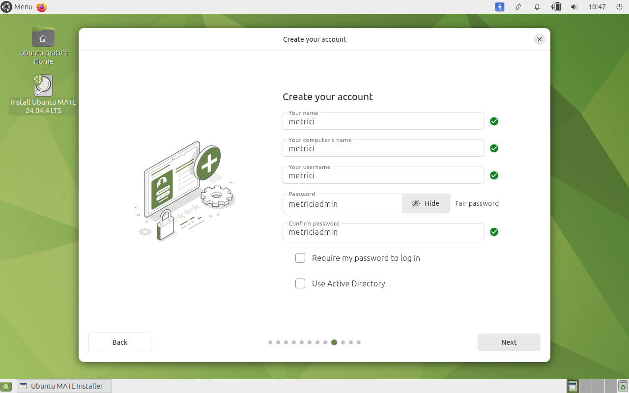 Create your account screen filled with the metrici account details