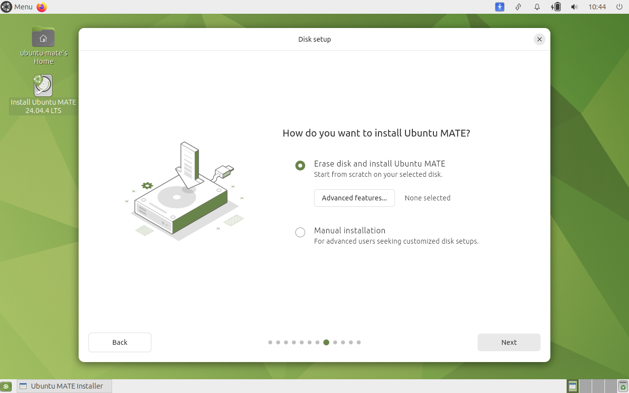 How do you want to install Ubuntu MATE with Erase disk and install selected