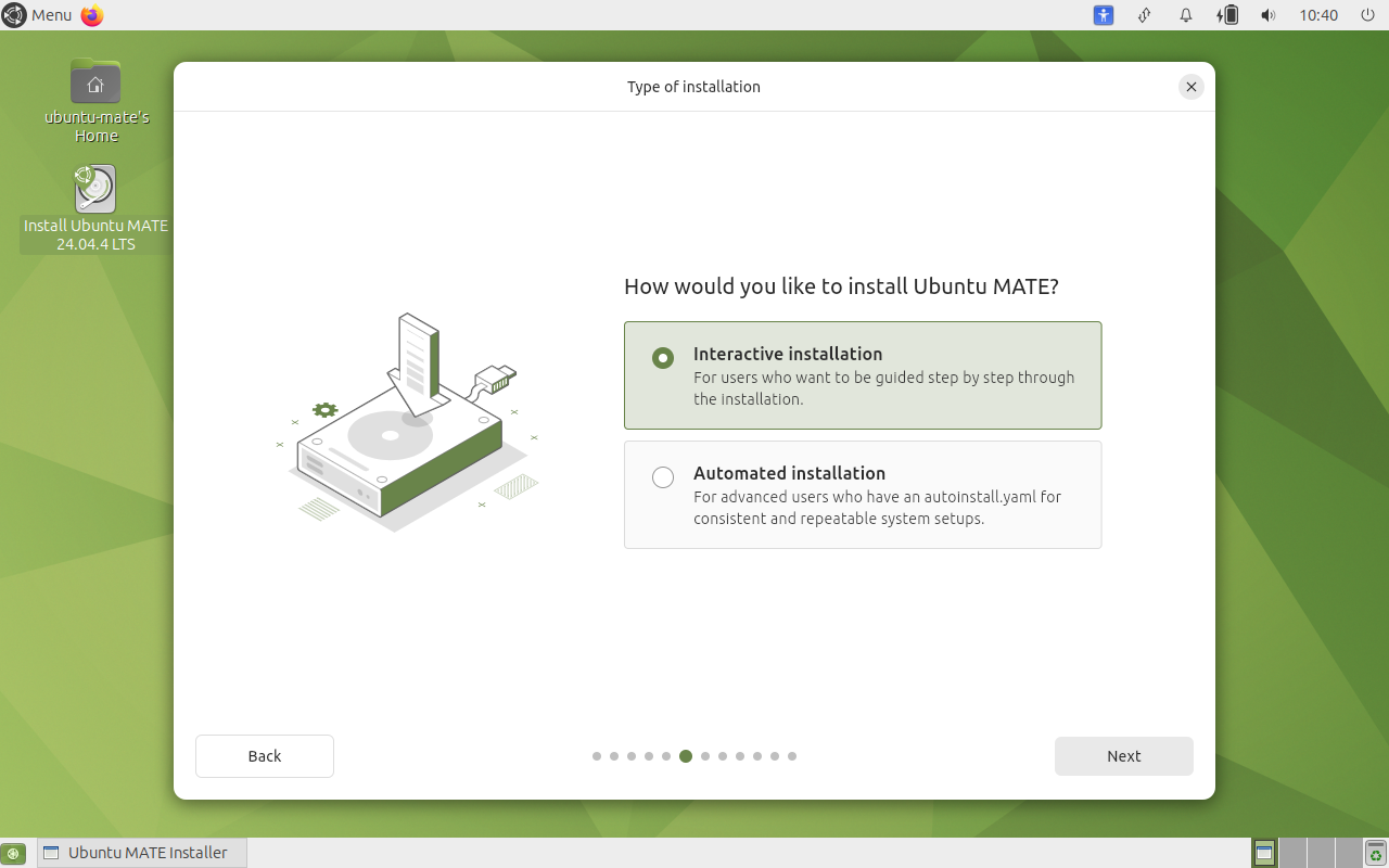How would you like to install Ubuntu MATE, with Interactive installation selected