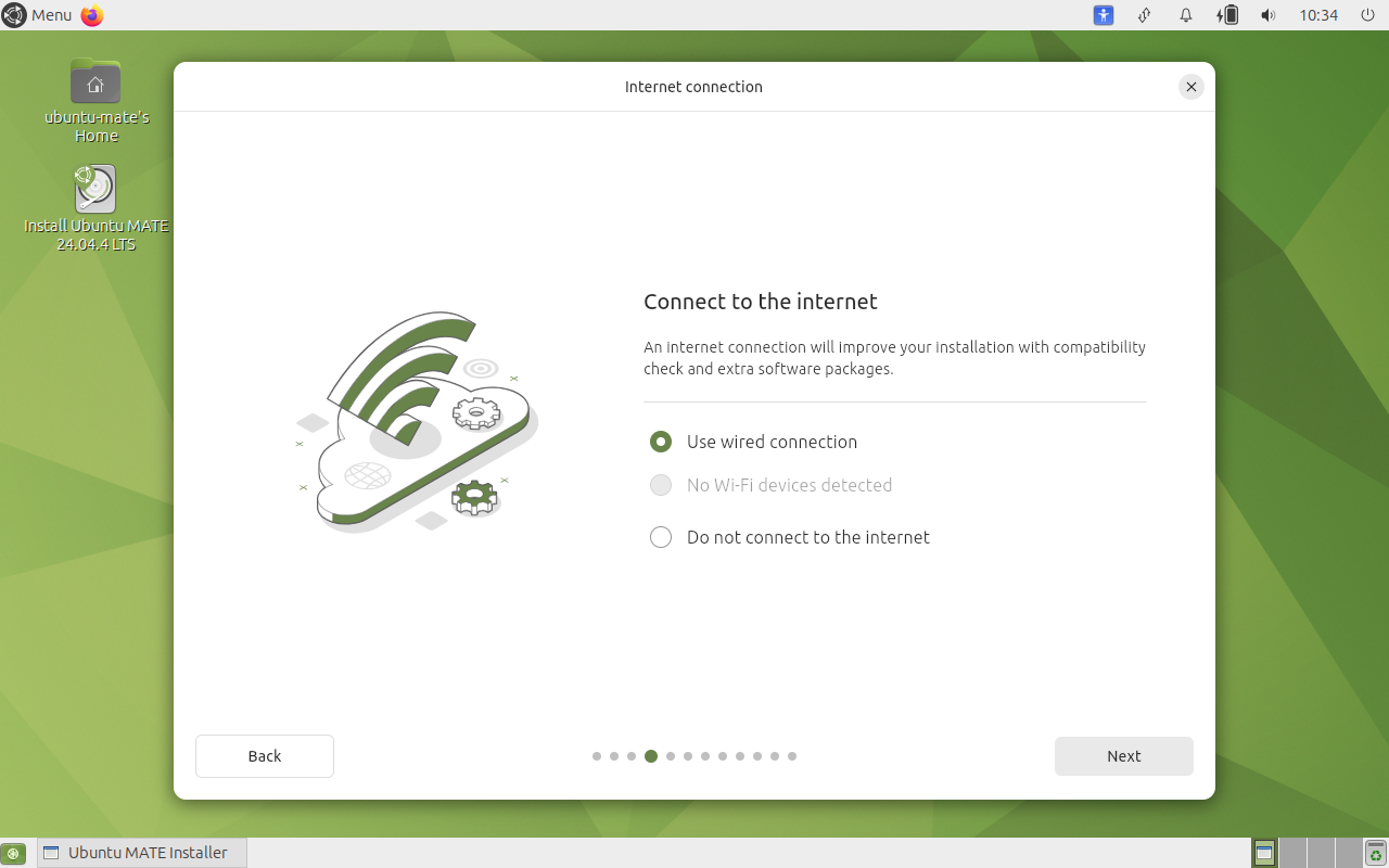 Connect to the internet screen with Use wired connection selected