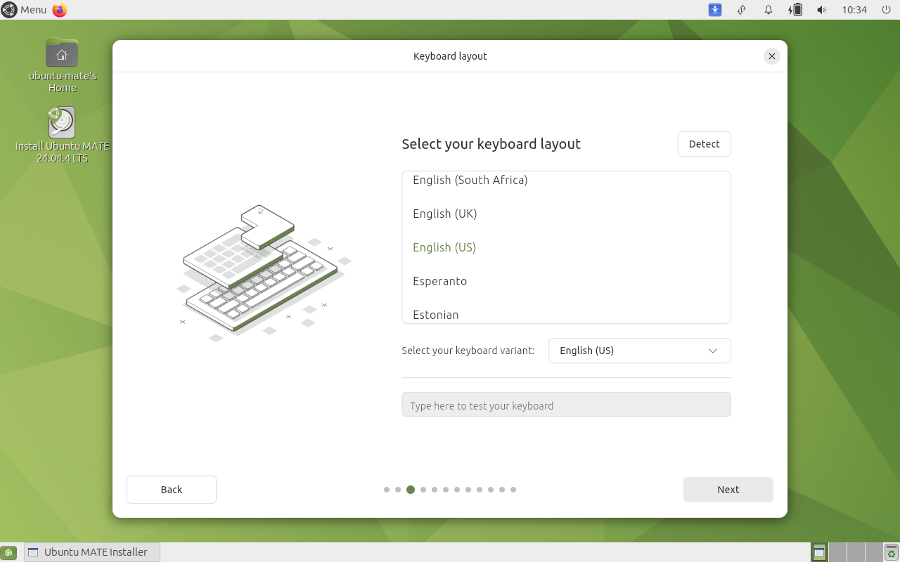 Keyboard layout selection with English (US) chosen for layout and variant