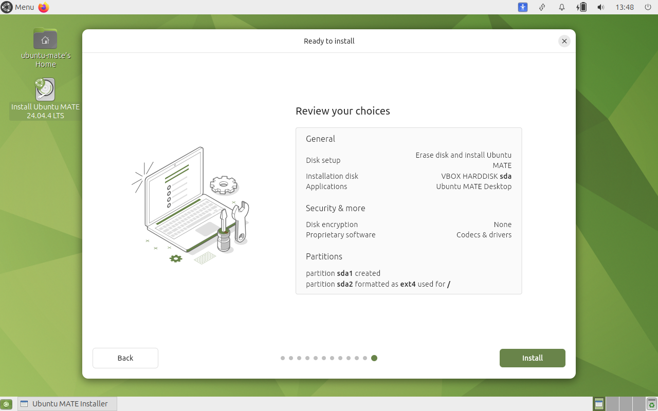 Review your choices summary screen before installing