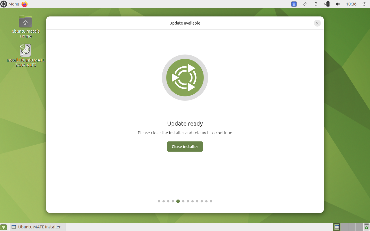 Update ready screen asking to close the installer and relaunch